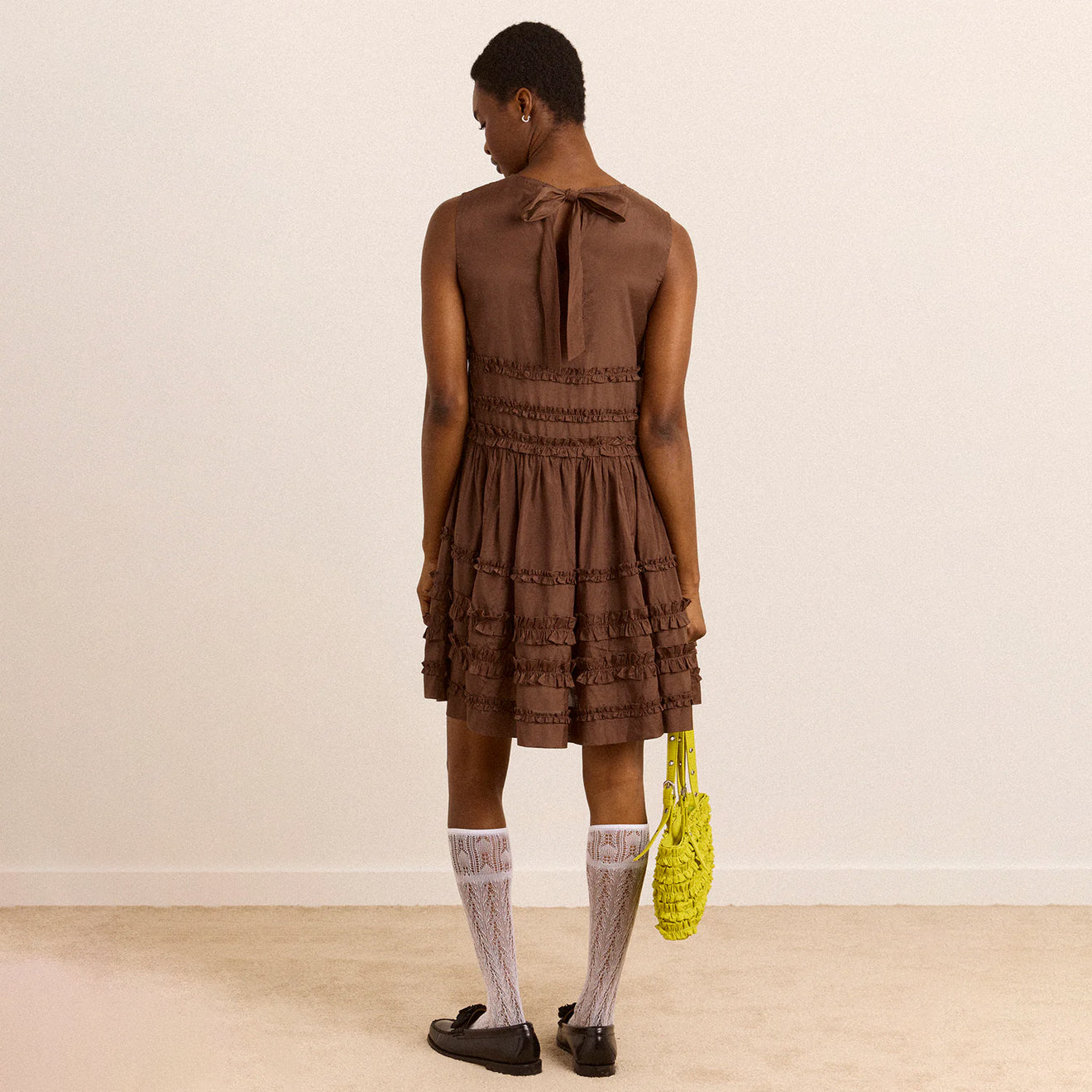 Damson Madder Reed Drop Waist Ruffle Midi Dress Sheer Choc