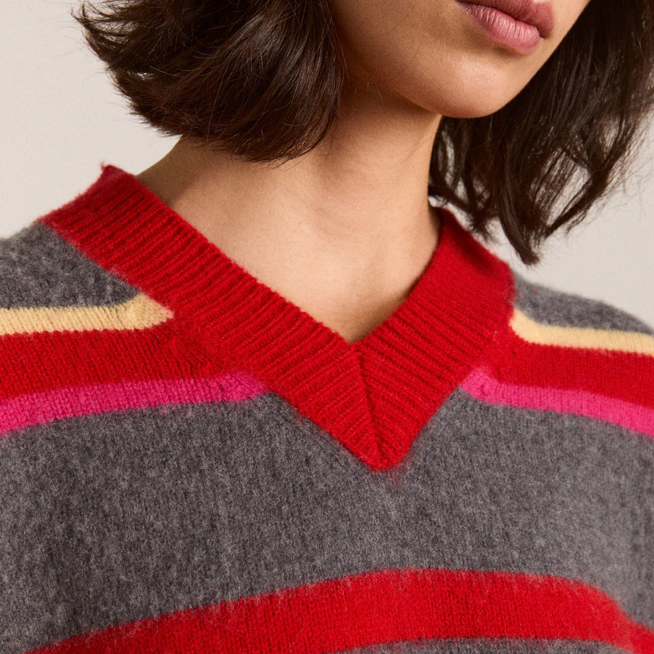 Damson Madder Rene Merino Wool V Jumper Pink / Red Stripe