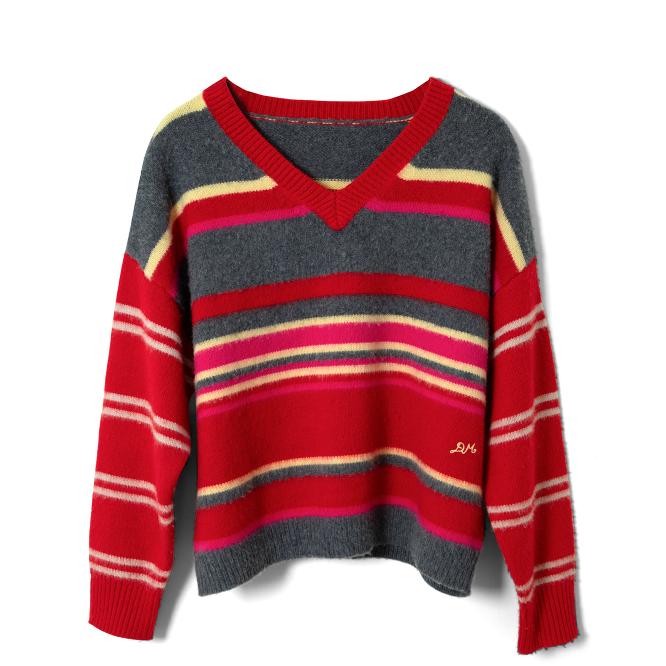 Damson Madder Rene Merino Wool V Jumper Pink / Red Stripe