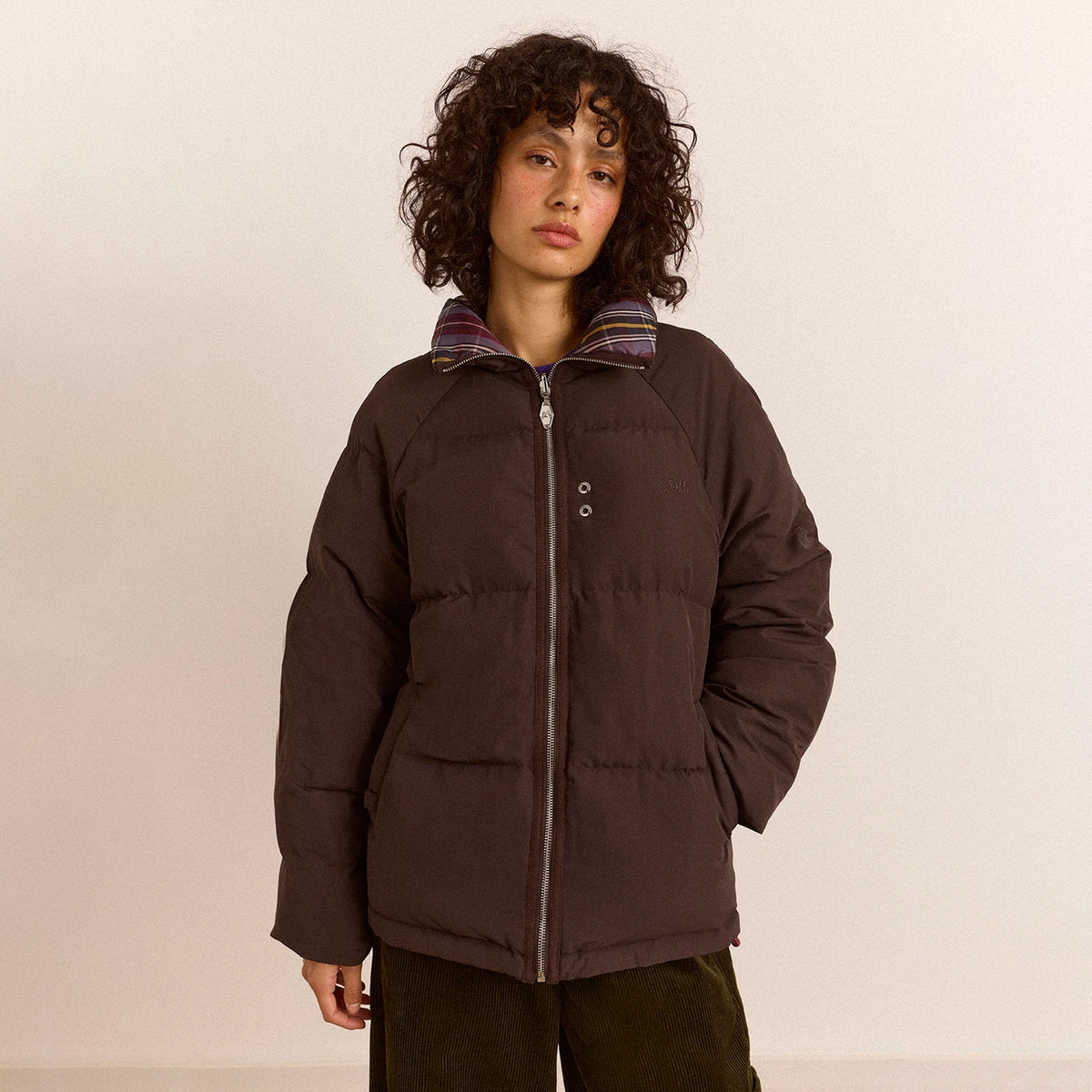 Damson Madder Reversible Opal Puffer Coat Check Plum