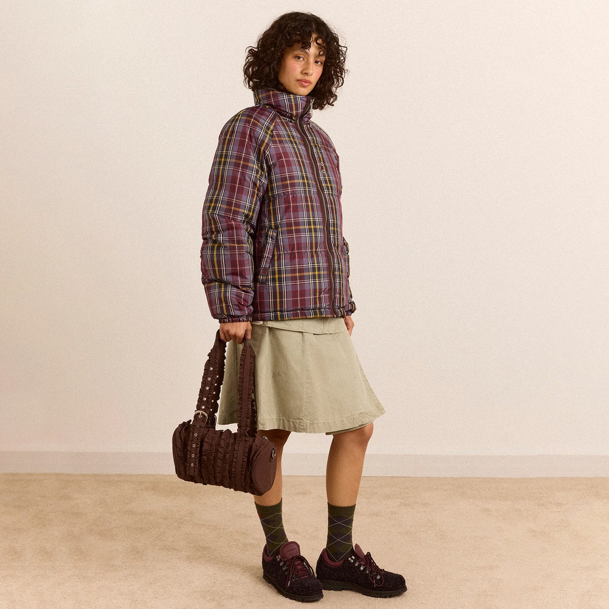 Damson Madder Reversible Opal Puffer Coat Check Plum