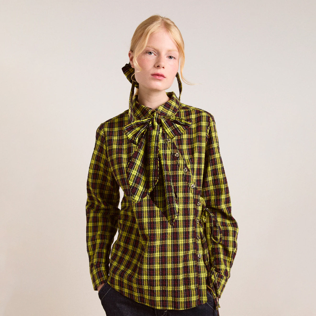 Damson Madder Robyn Shirt With Removable Tie Yellow Check - pam pam 
