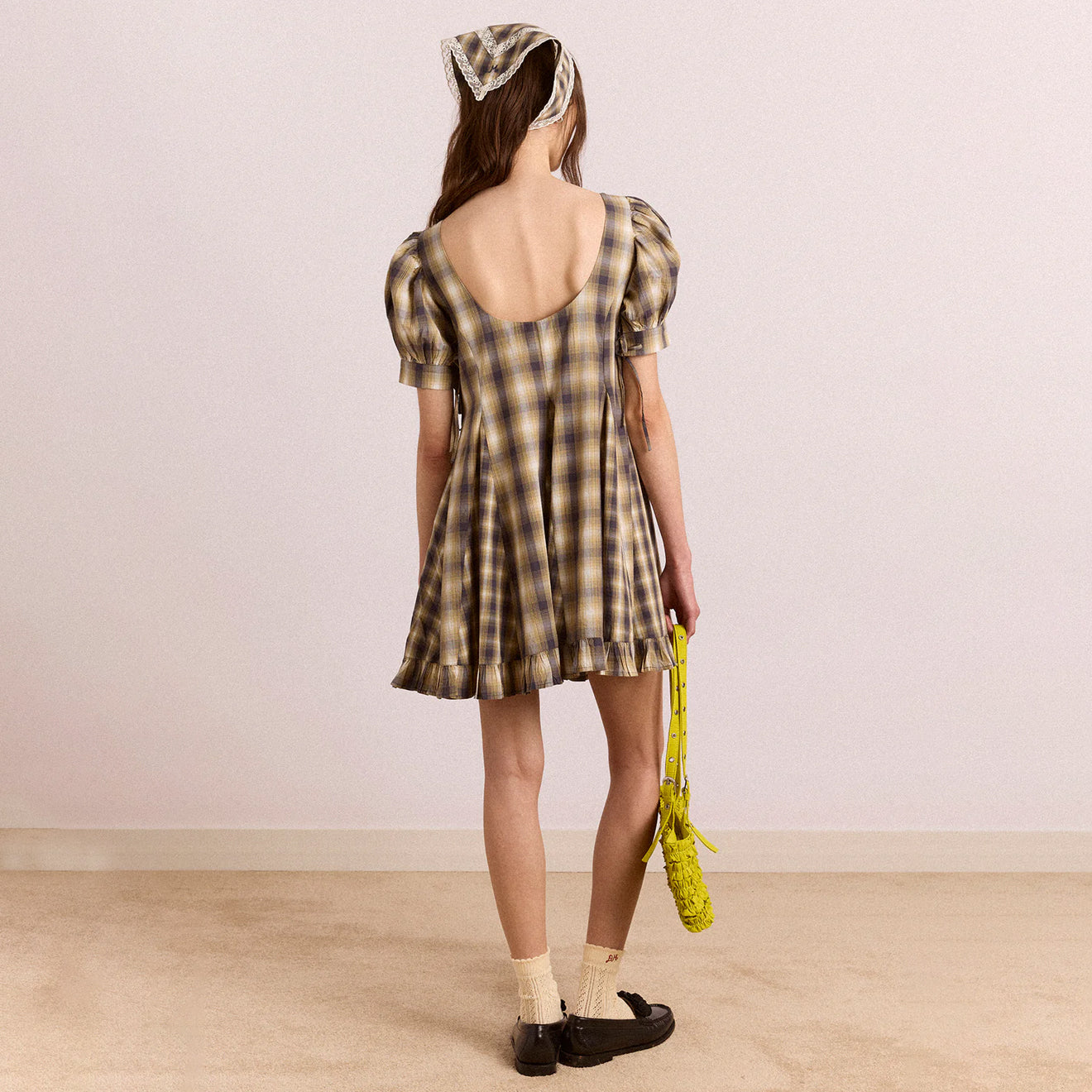 Damson Madder Sabina Mini Godet Dress Mix Check Cardamon
