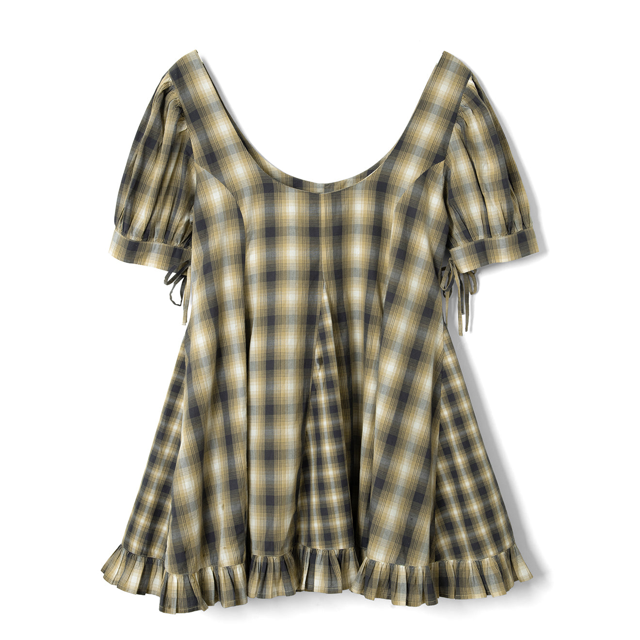 Damson Madder Sabina Mini Godet Dress Mix Check Cardamon