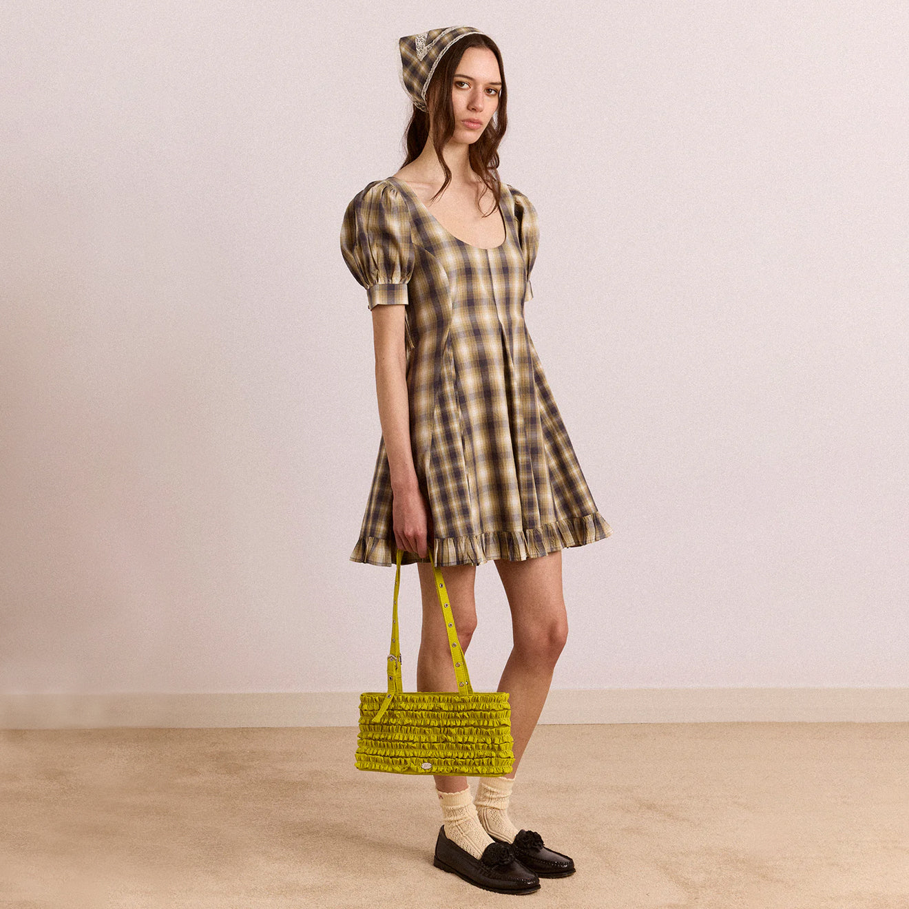Damson Madder Sabina Mini Godet Dress Mix Check Cardamon