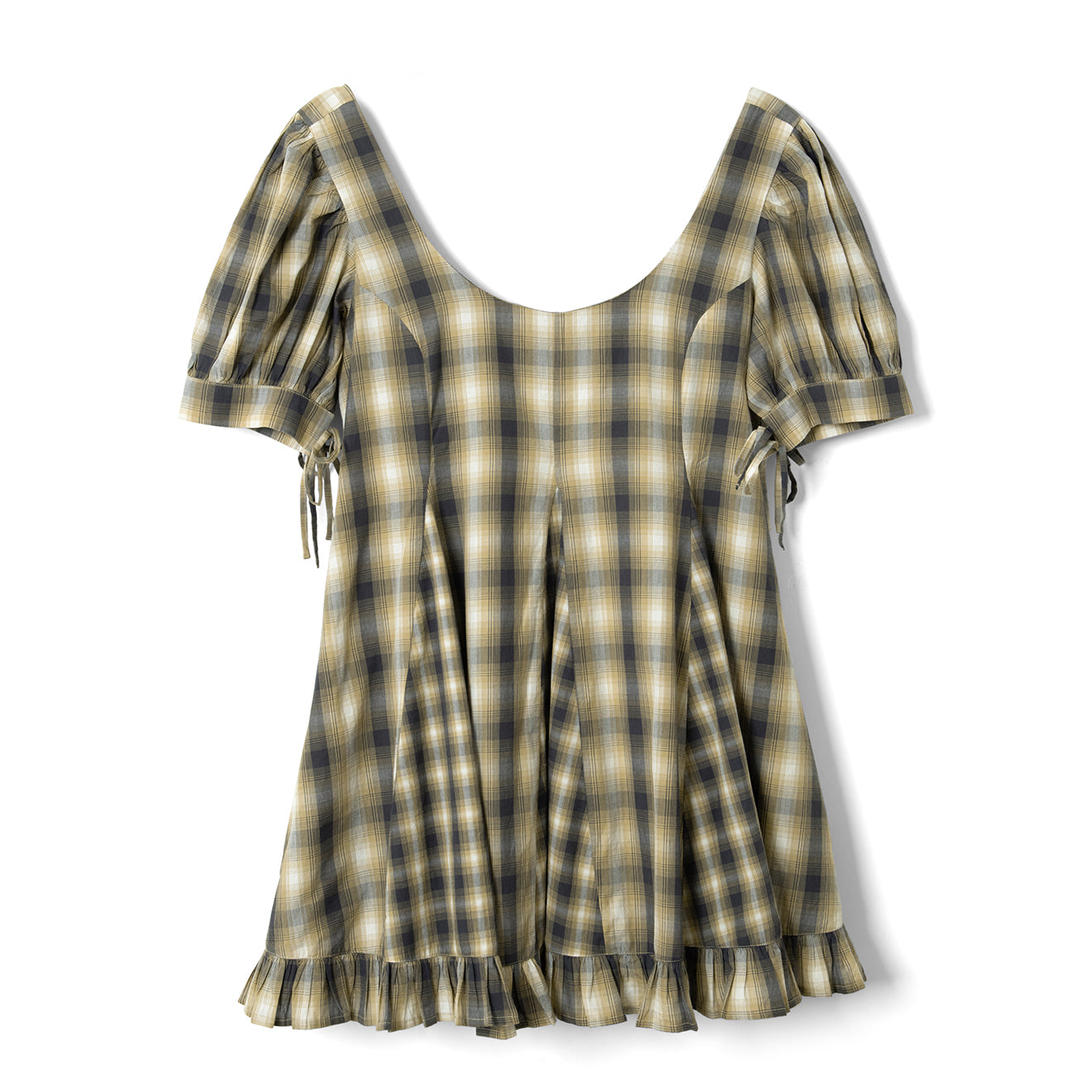 Damson Madder Sabina Mini Godet Dress Mix Check Cardamon