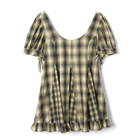 Damson Madder Sabina Mini Godet Dress Mix Check Cardamon
