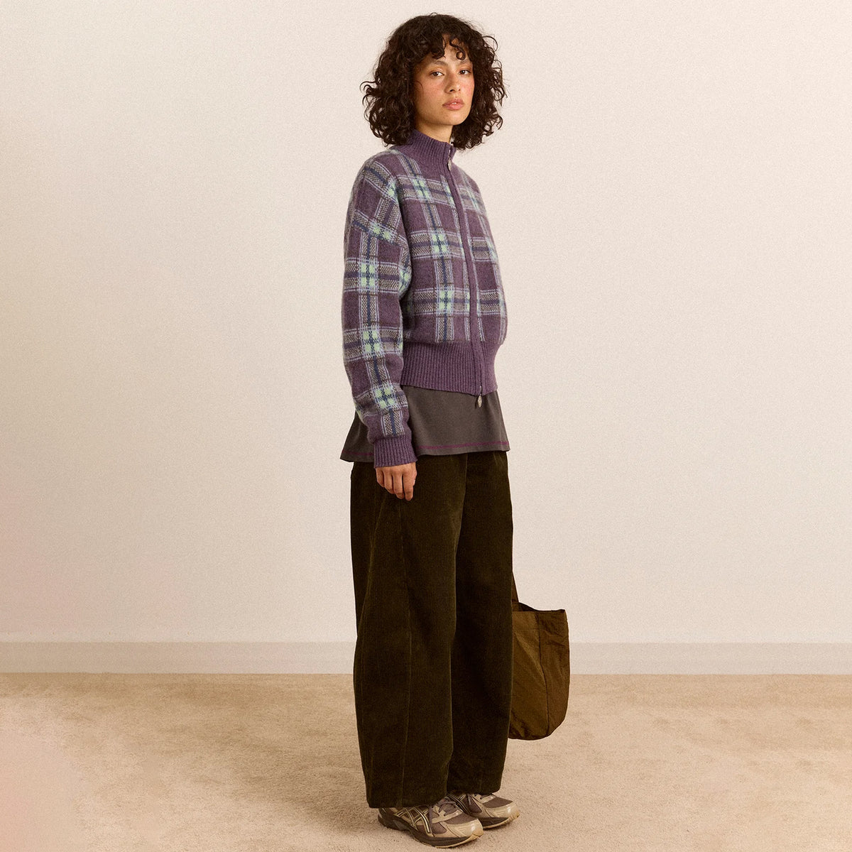 Damson Madder Saffy Merino Wool Cardigan Brushed Check Multi