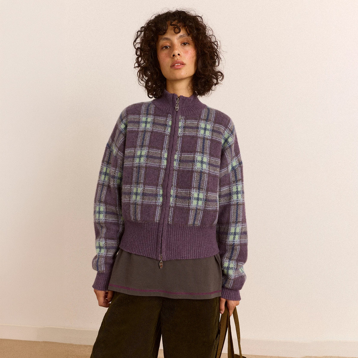 Damson Madder Saffy Merino Wool Cardigan Brushed Check Multi