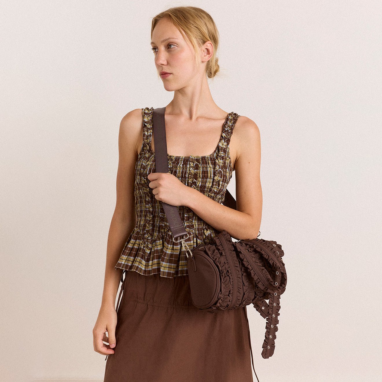 Damson Madder Waverly Mini Ruffle Barrel Bag Chocolate Choc