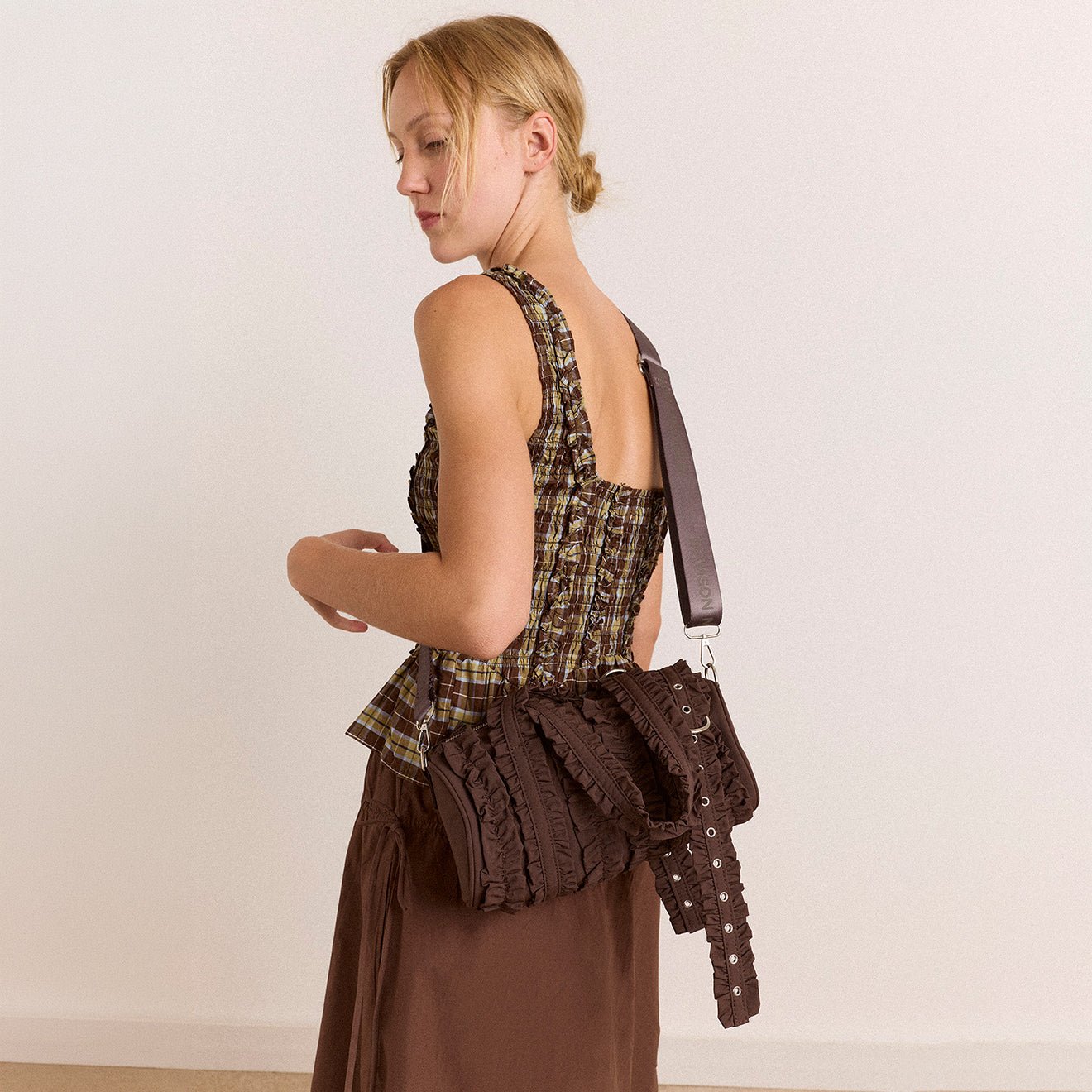 Damson Madder Waverly Mini Ruffle Barrel Bag Chocolate Choc