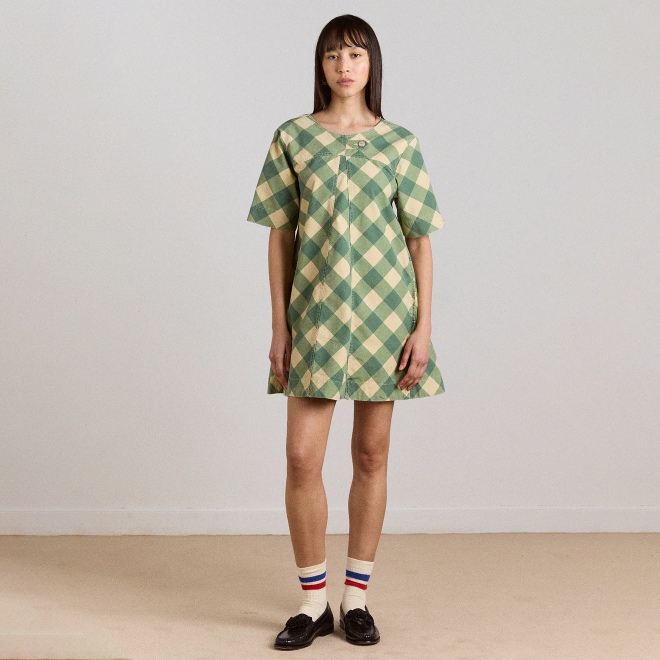Damson Madder Womens Bridget Mini Dress Green Butter Gingham - pam pam 