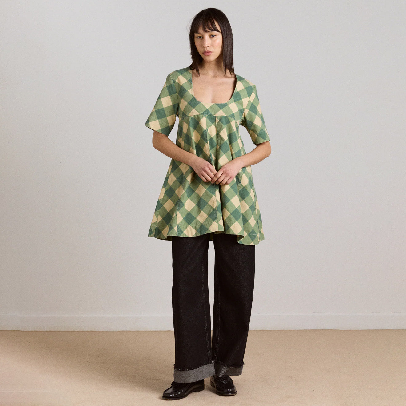 Damson Madder Womens Bridget Mini Dress Green Butter Gingham - pam pam 