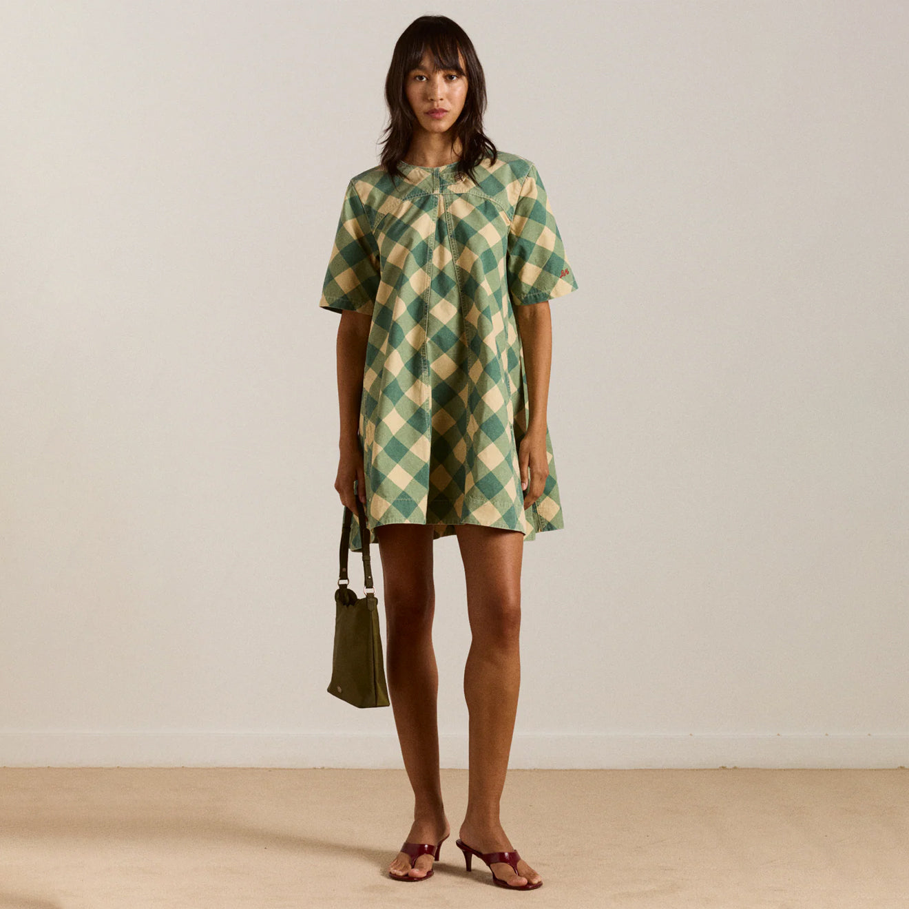 Damson Madder Womens Bridget Mini Dress Green Butter Gingham - pam pam 