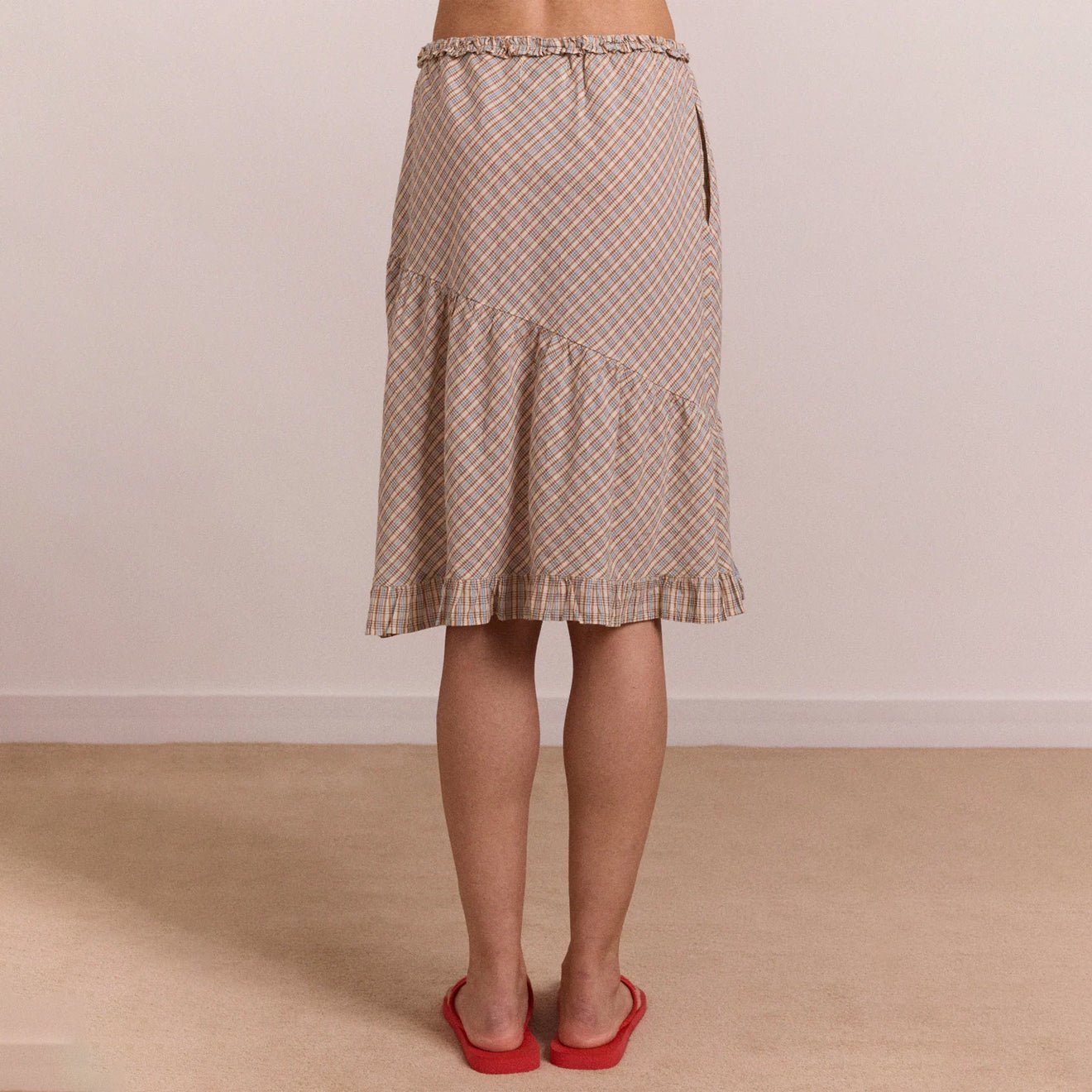 Damson Madder Womens Sigourney Ruffle Spiral Skirt Ginger Check