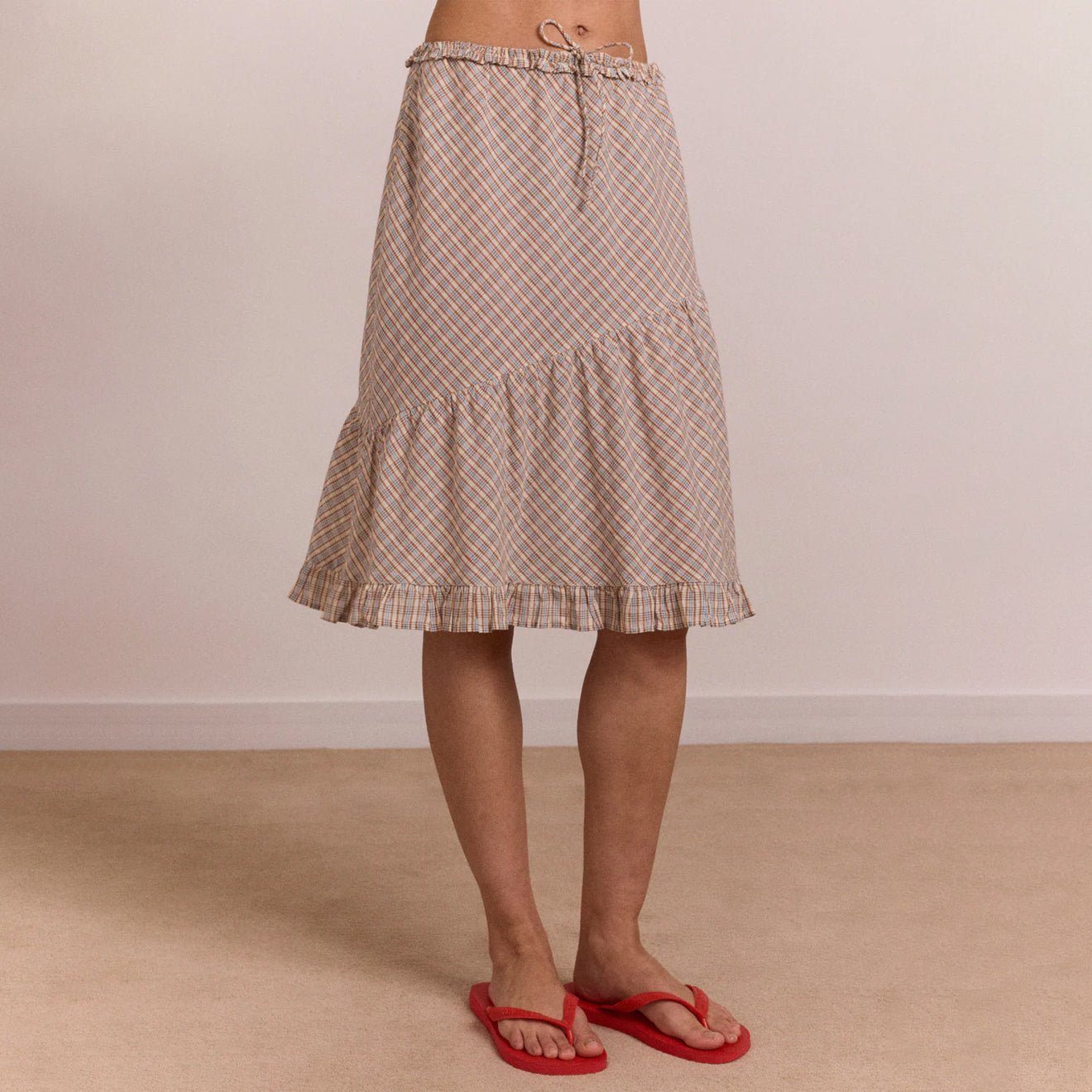 Damson Madder Womens Sigourney Ruffle Spiral Skirt Ginger Check