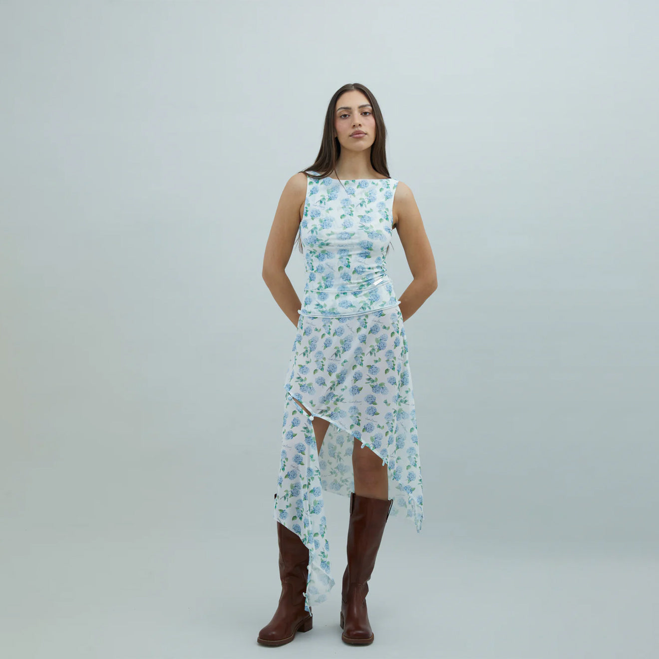 House of Sunny Hydrangea Asymmetric Mesh Skirt Soft Blue - pam pam 