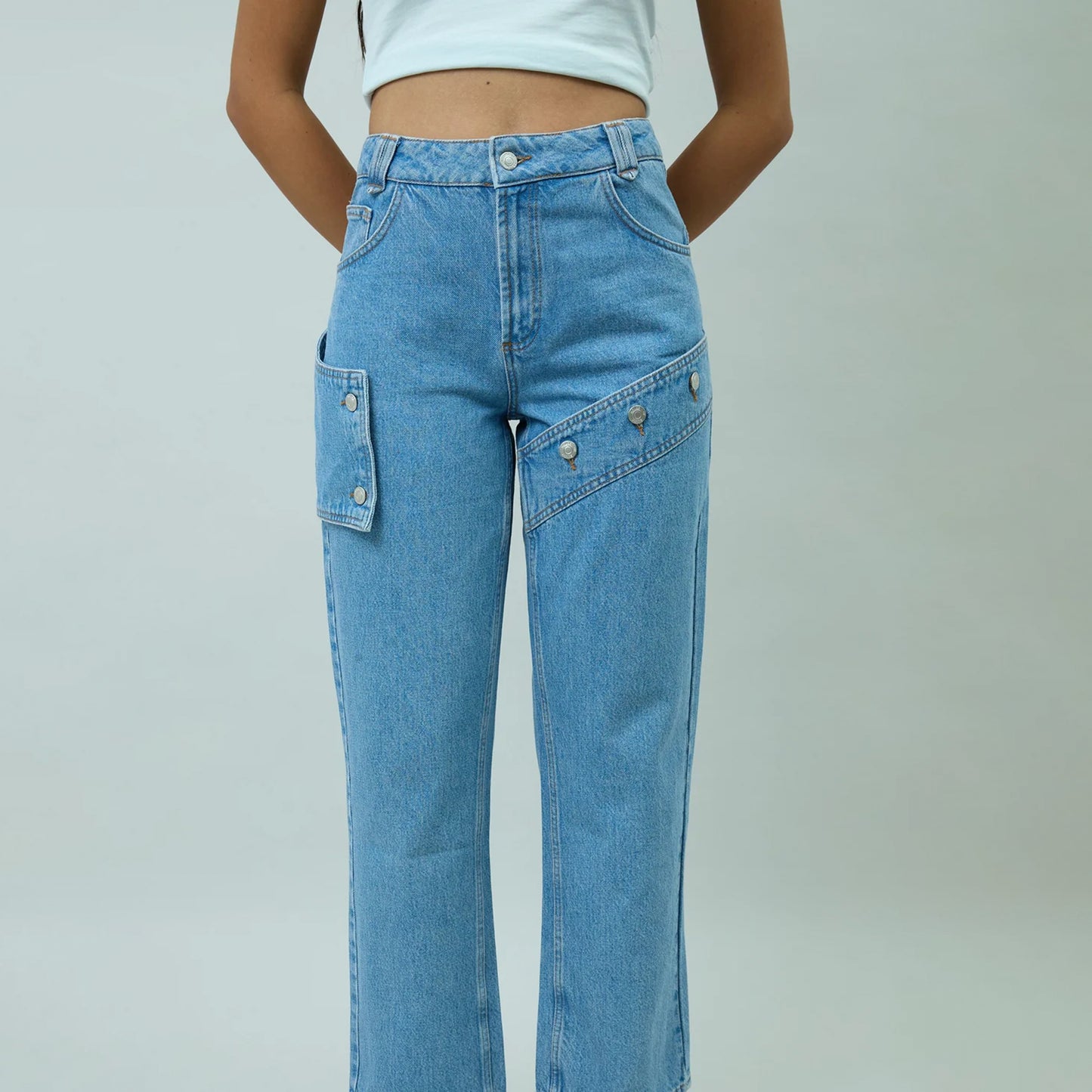 House of Sunny Womens Cowboy Denim Jeans Mid Blue Wash