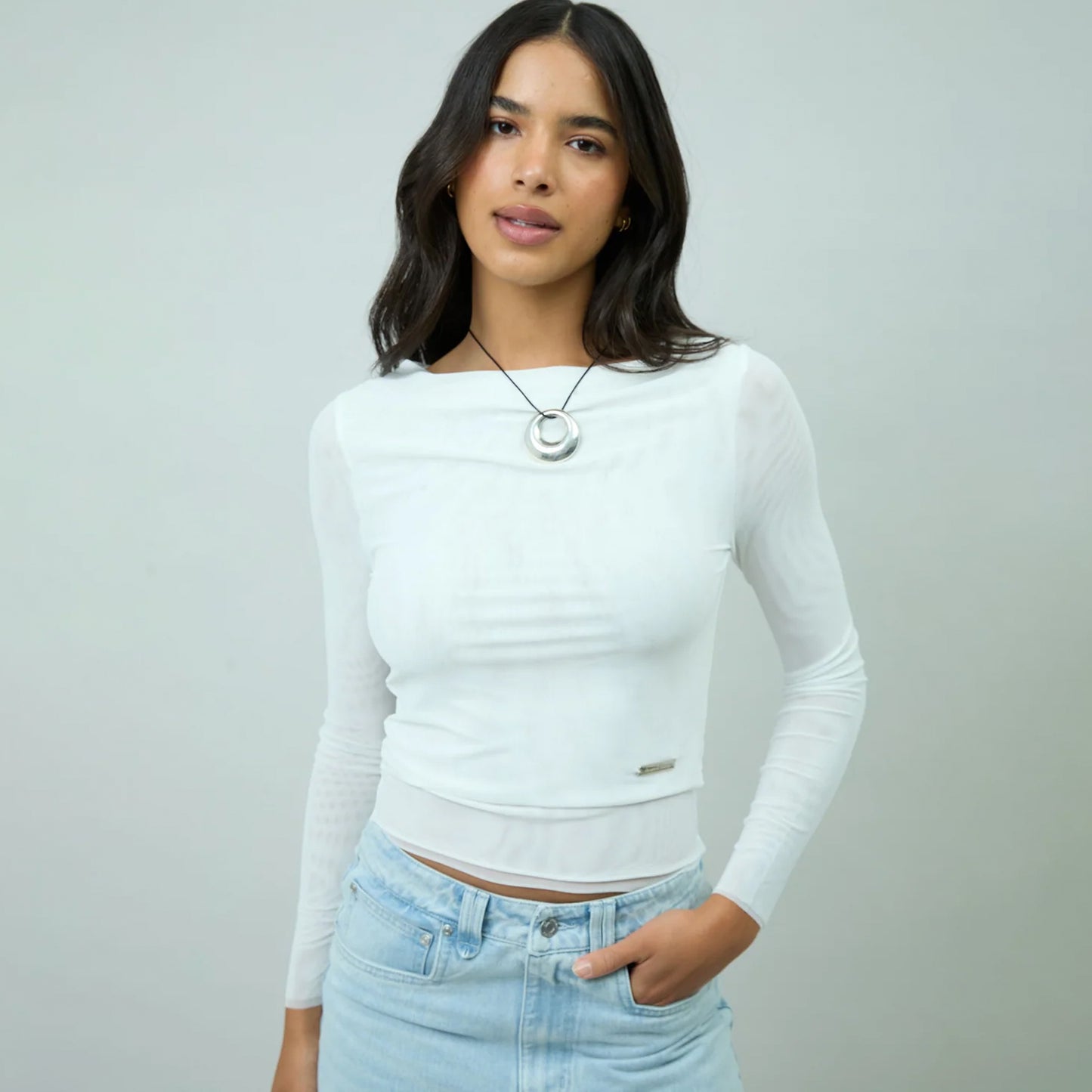House of Sunny Womens Double Layer L/S Mesh Top Vintage White