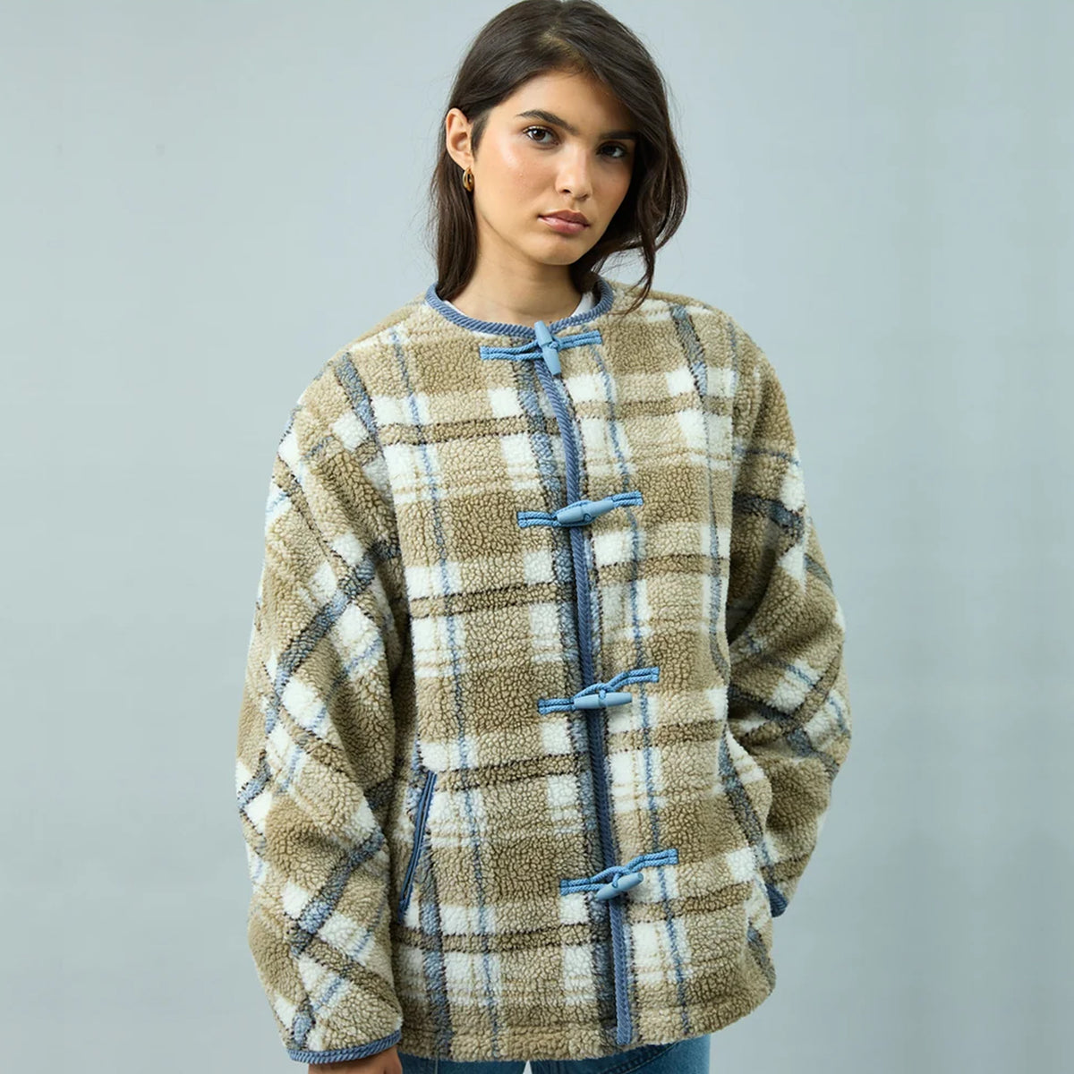 House of Sunny Womens Fleece Scarf Jacket Check Multi