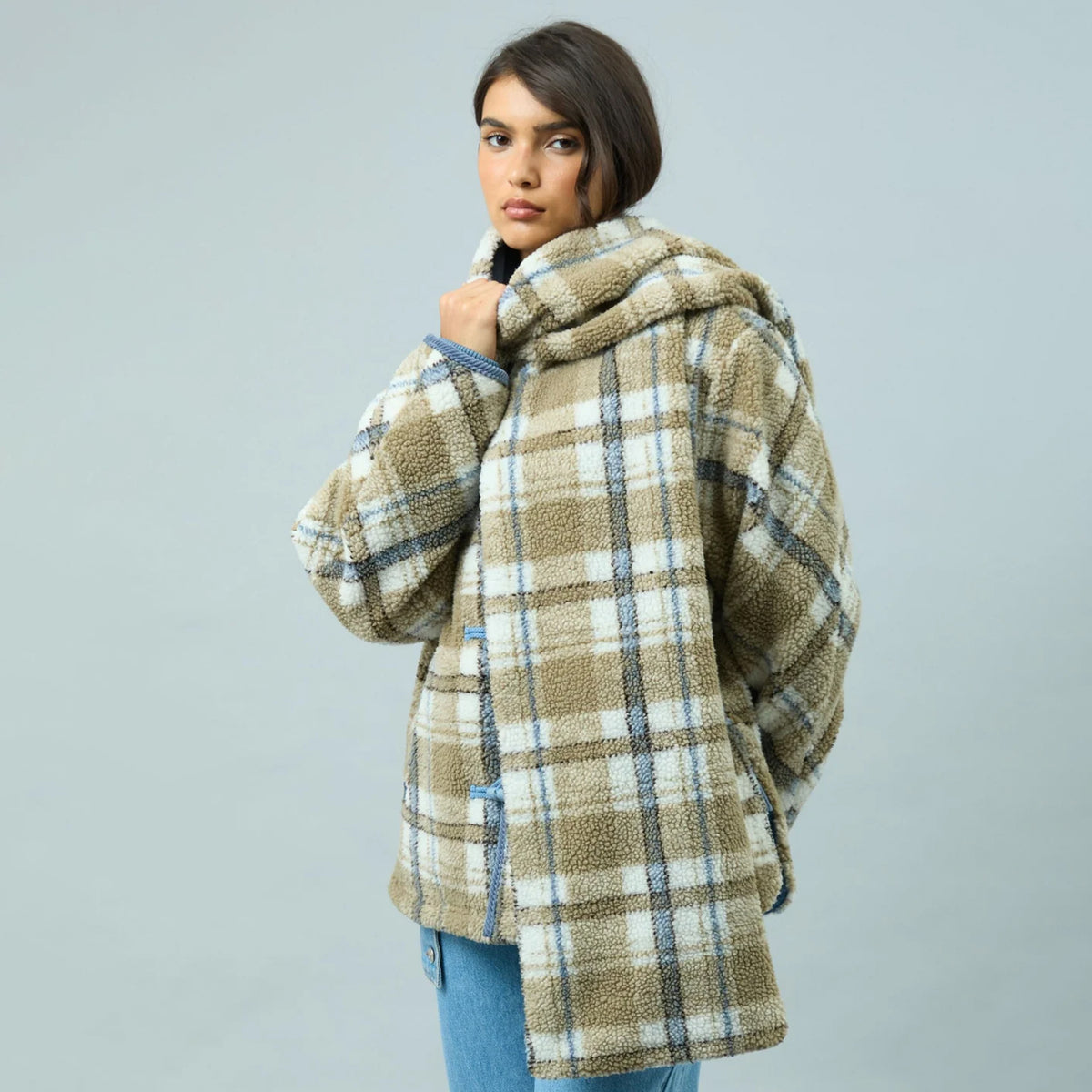 House of Sunny Womens Fleece Scarf Jacket Check Multi