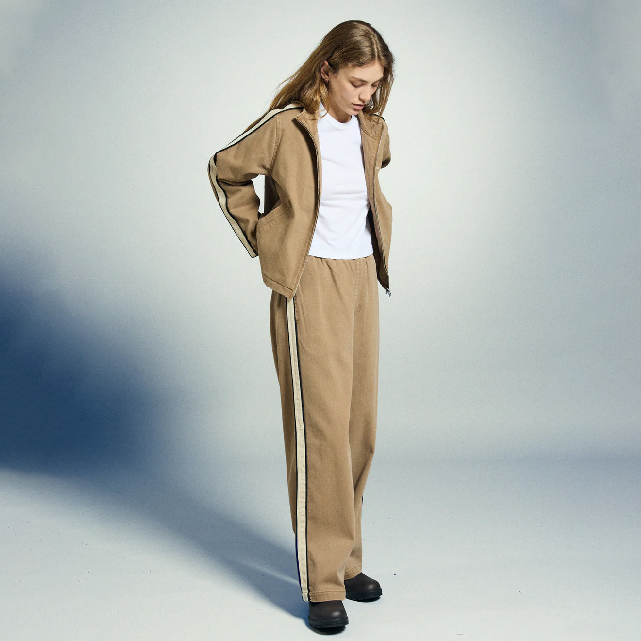 Obey Womens Astrid Stripe Jacket Tan Faded Wash - pam pam 