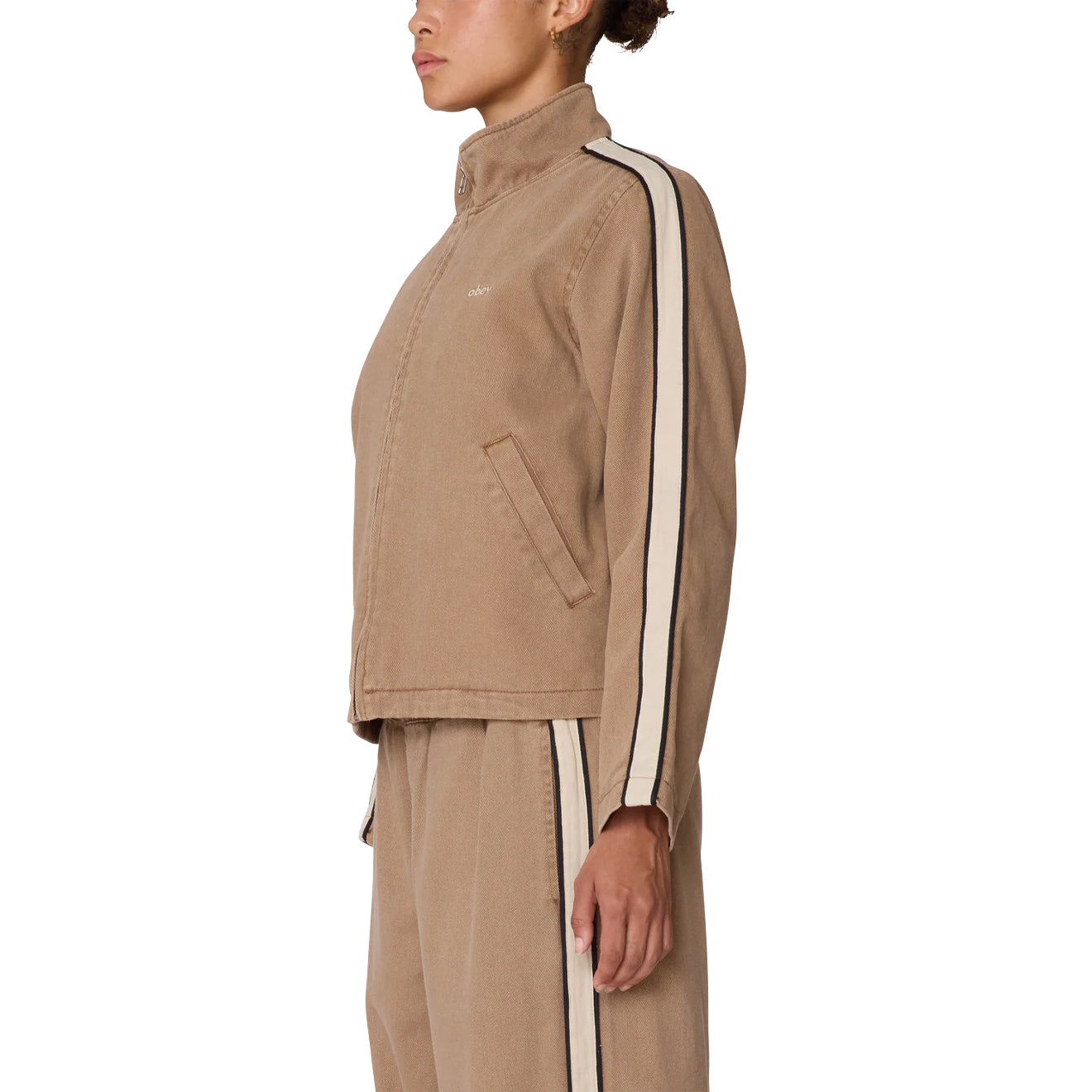 Obey Womens Astrid Stripe Jacket Tan Faded Wash - pam pam 