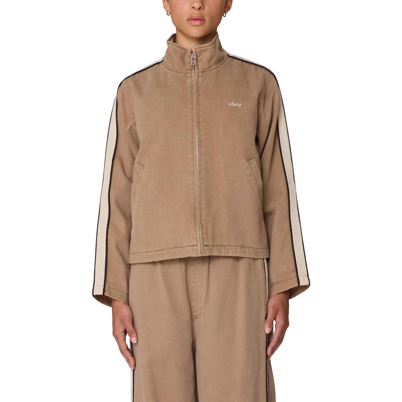 Obey Womens Astrid Stripe Jacket Tan Faded Wash - pam pam 