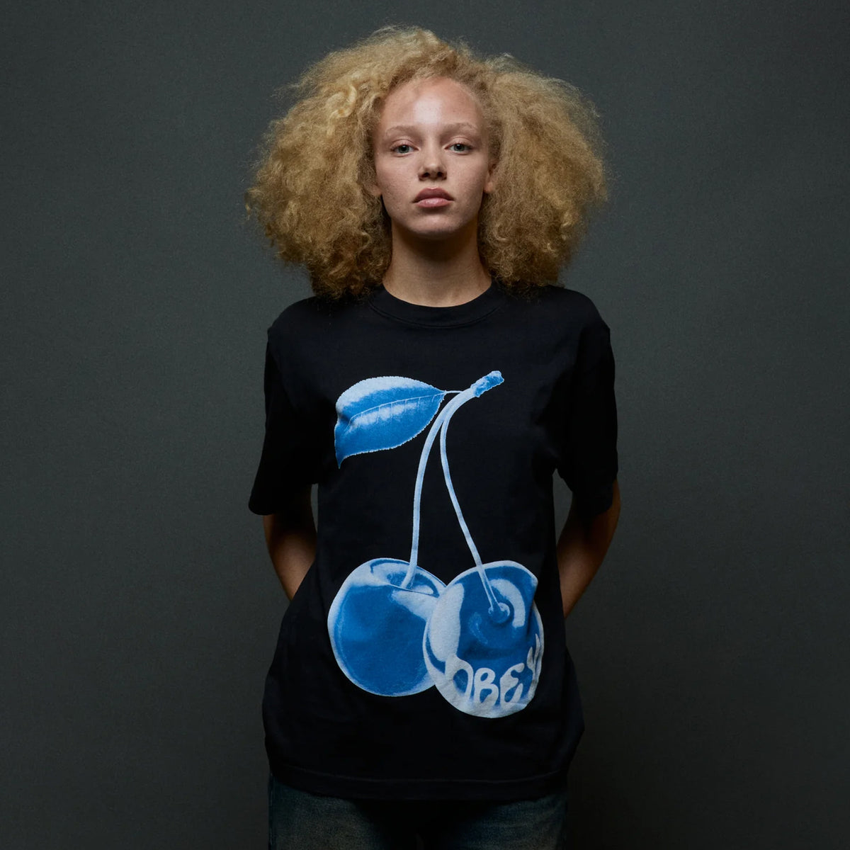 Obey Womens Blue Cherry T-Shirt Digital Black