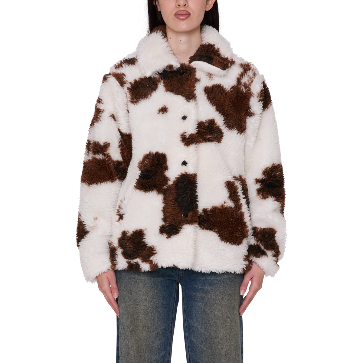 Obey Womens Nolie Sherpa Short Coat Cow Print