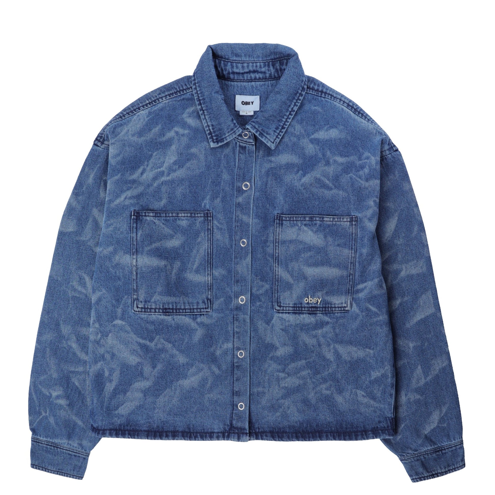 Obey Womens Trinity Wrinkle Denim Shirt Medium Stonewash Indigo Wrinkle