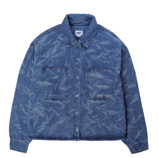 Obey Womens Trinity Wrinkle Denim Shirt Medium Stonewash Indigo Wrinkle