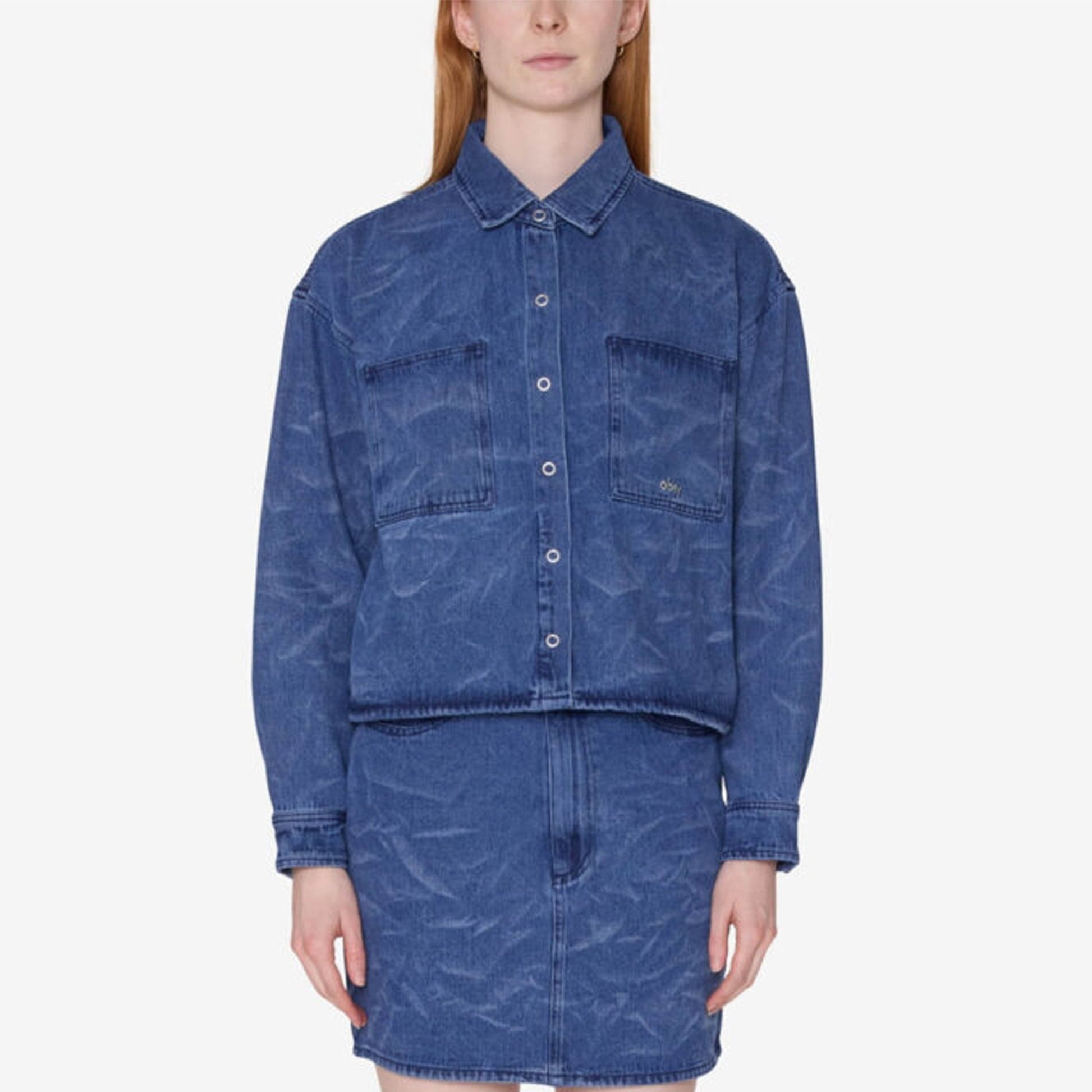 Obey Womens Trinity Wrinkle Denim Shirt Medium Stonewash Indigo Wrinkle