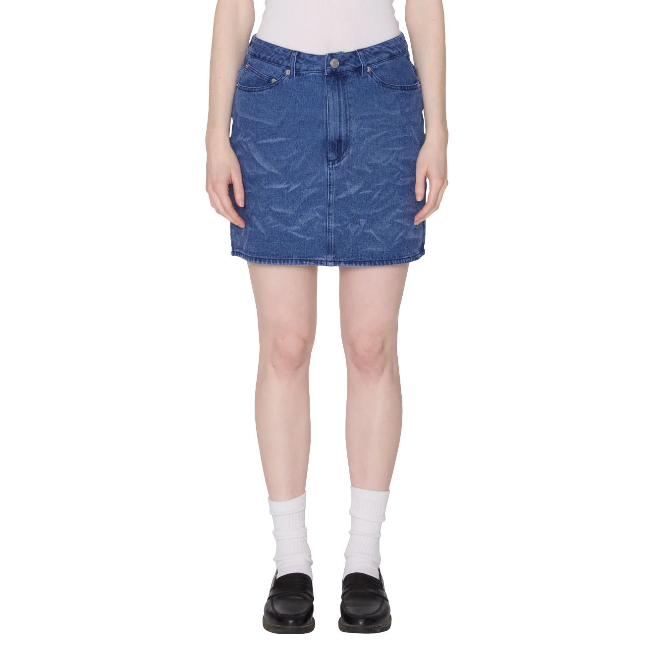Obey Womens Trinity Wrinkle Denim Skirt Medium Stonewash Indigo Wrinkle