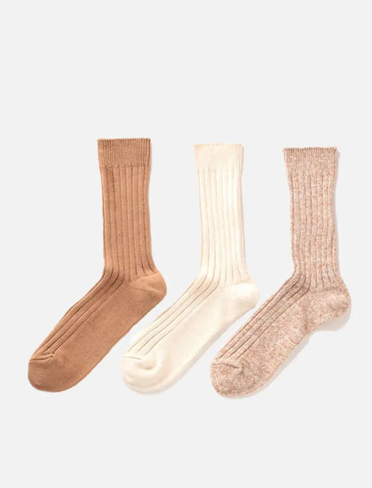 RoToTo Organic Daily 3 Pack Ribbed Crew Socks Ecru / Brown RoToTo