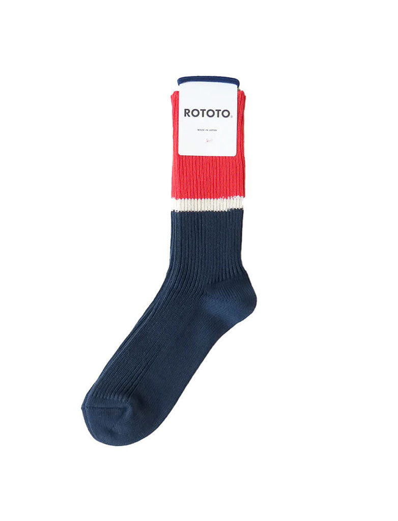 Rototo Bicolor Ribbed Crew Socks Light Red / Ink Blue RoToTo