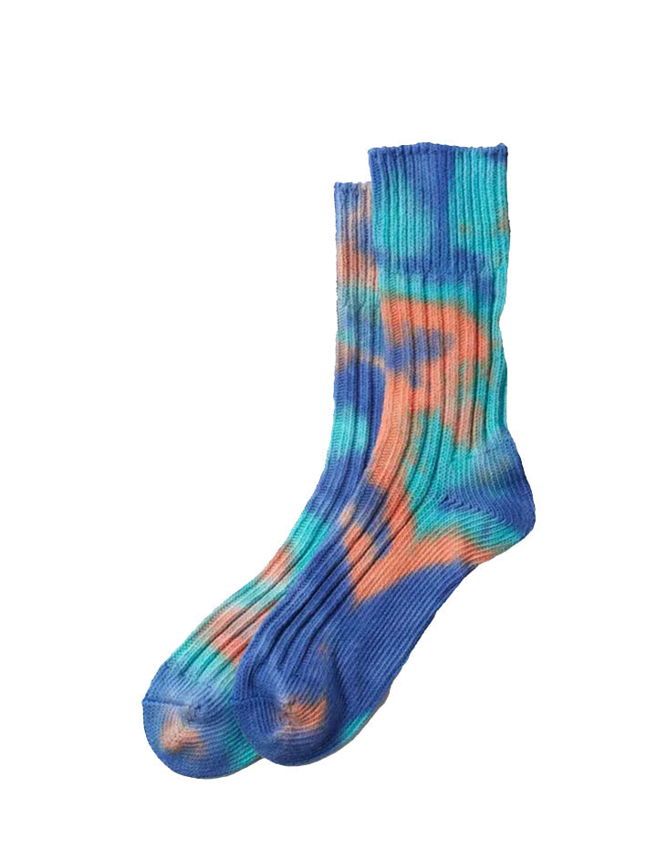 Rototo Chunky Ribbed Crew Socks Tie Blue / Orange / Turq RoToTo