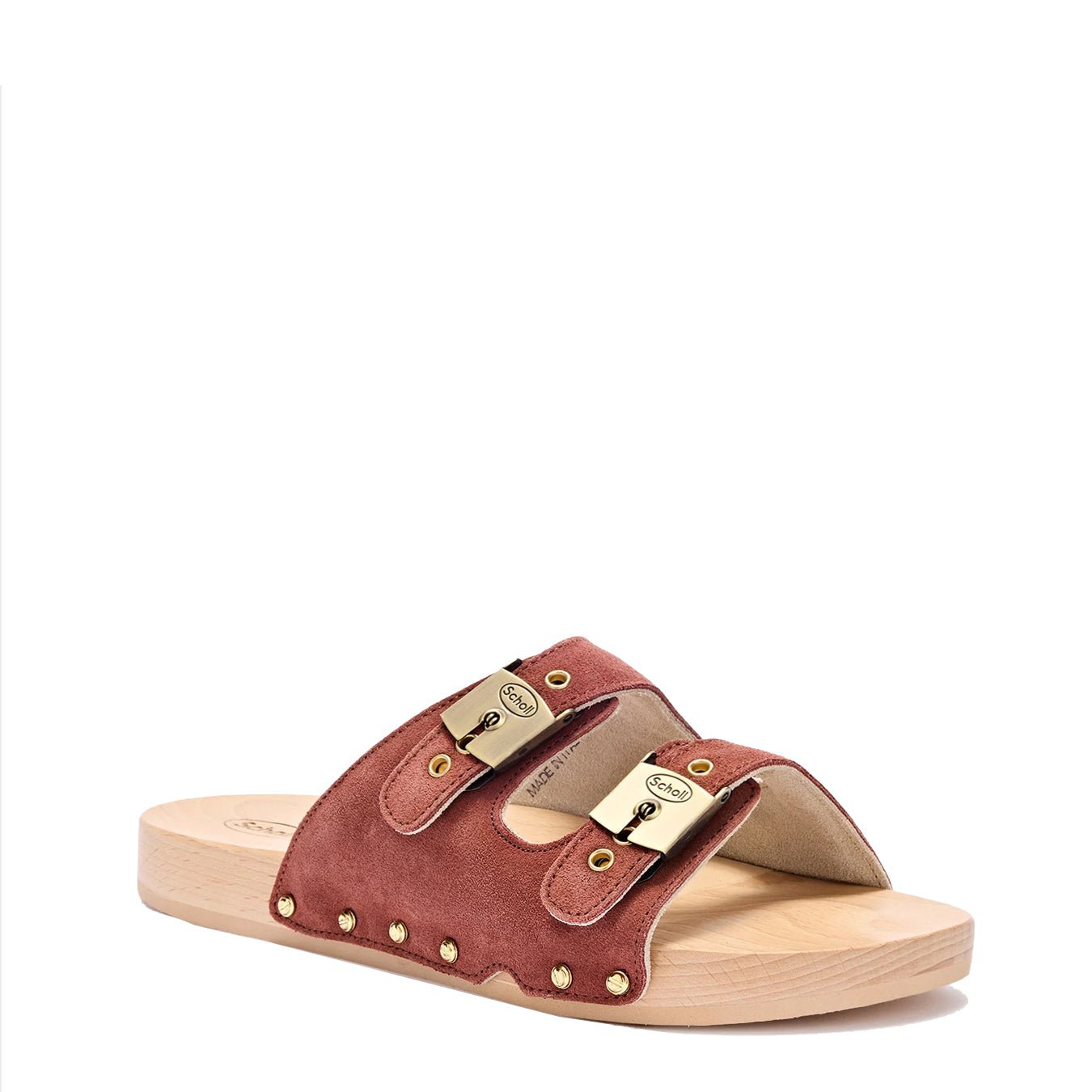 Scholl Womens Pescura Flat Flex 2 Straps Wood Sandals Brick Red