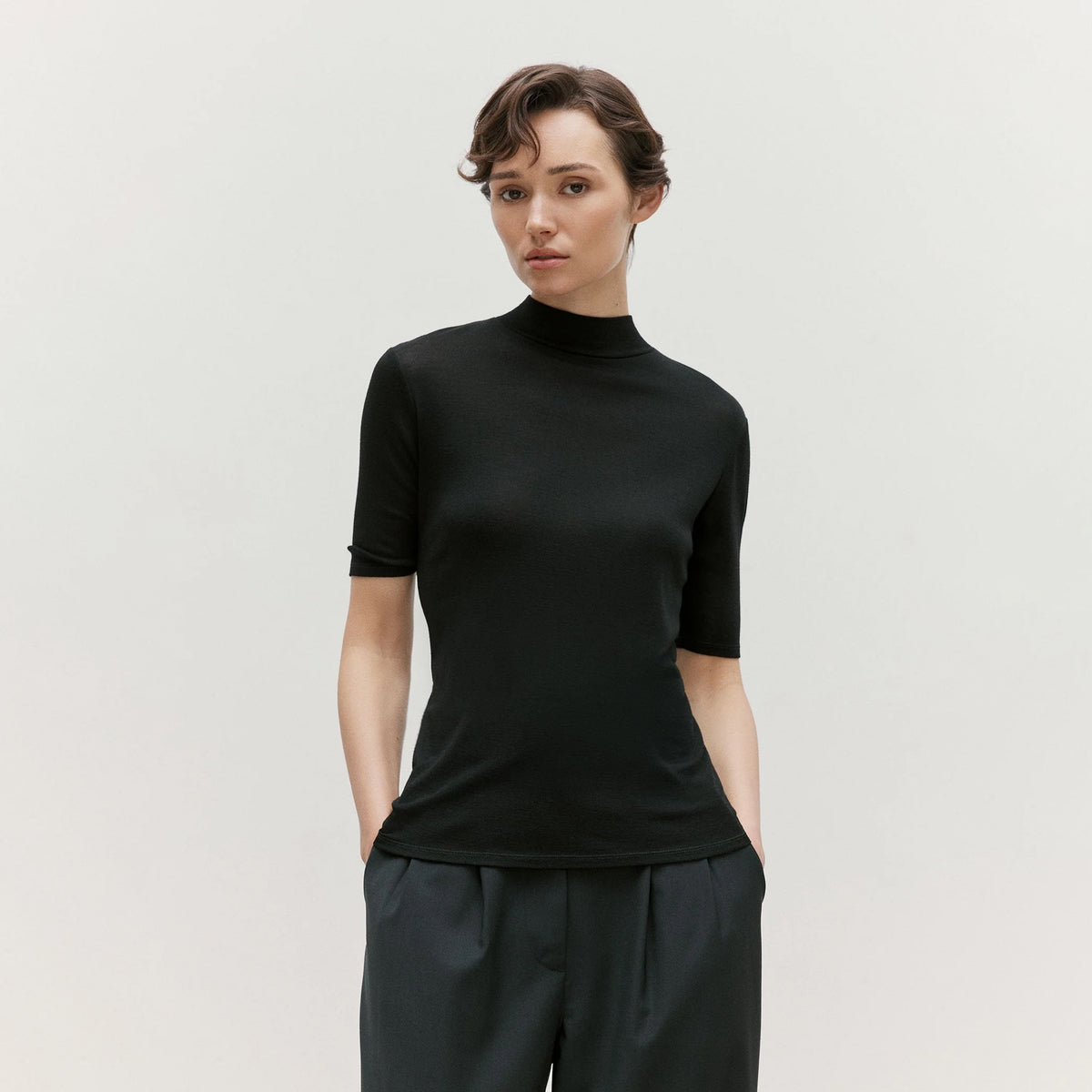Sunspel Womens Fine Wool S/S Jersey Top Black