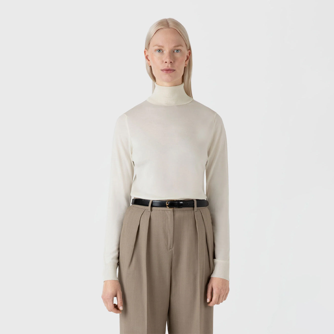 Sunspel Womens Merino Silk Roll Neck Sweater Ivory