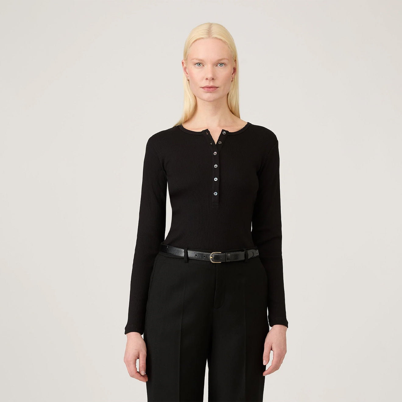 Sunspel Womens Rib L/S Henley Black - pam pam 