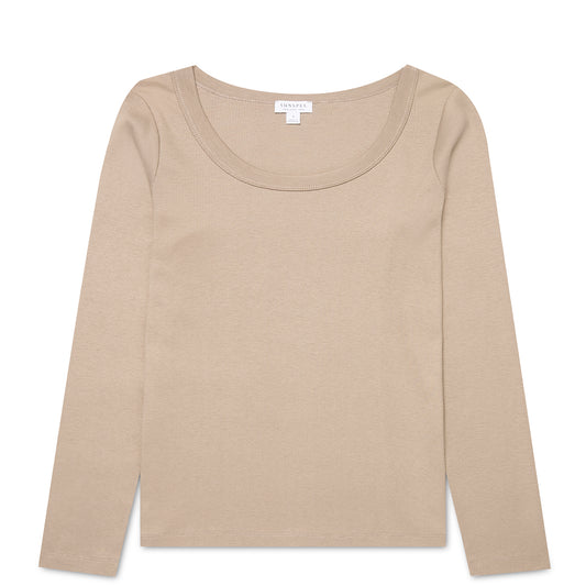 Sunspel Womens Rib L/S Scoop Neck Mink - pam pam