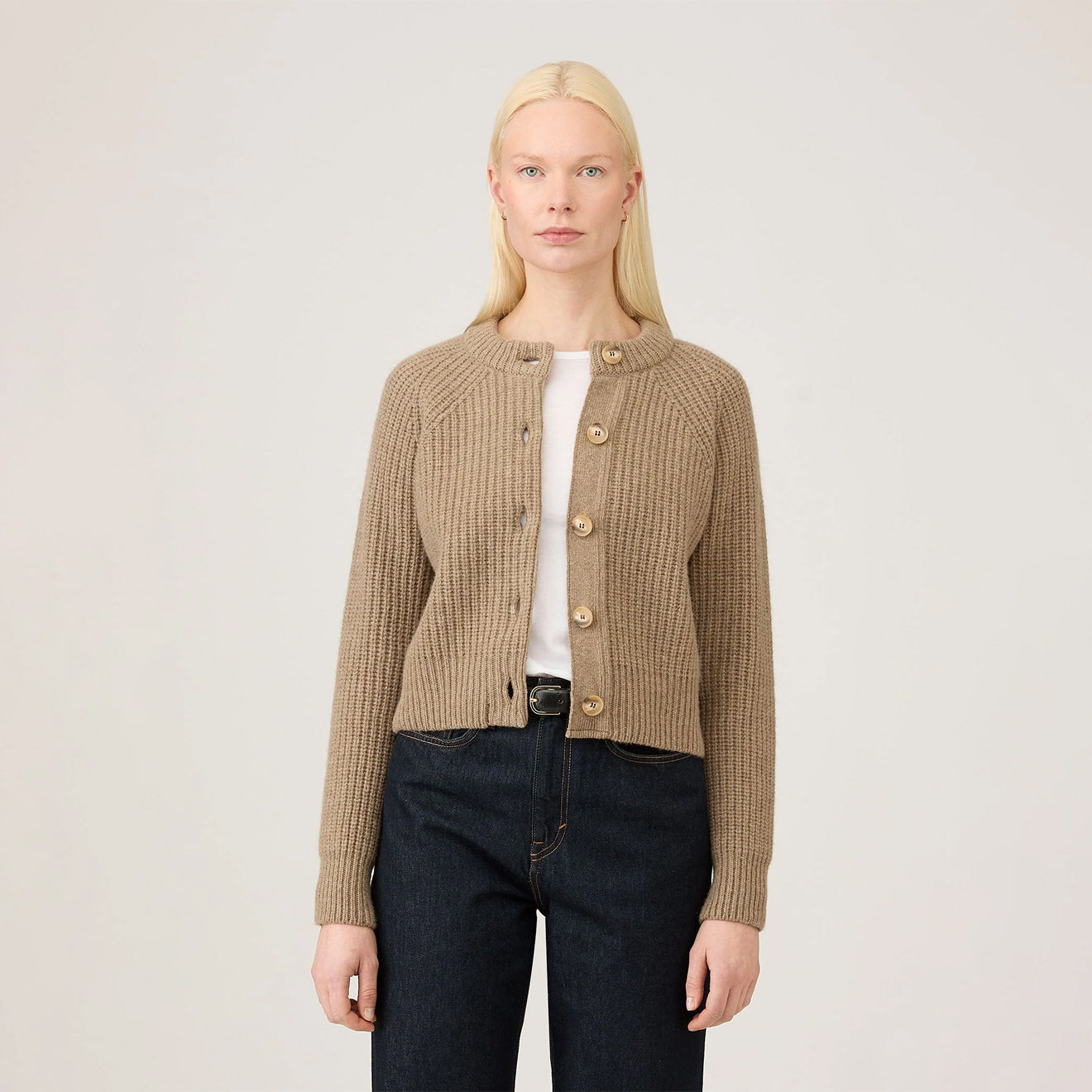 Sunspel Womens Ribbed Crew Neck Cardigan Mink