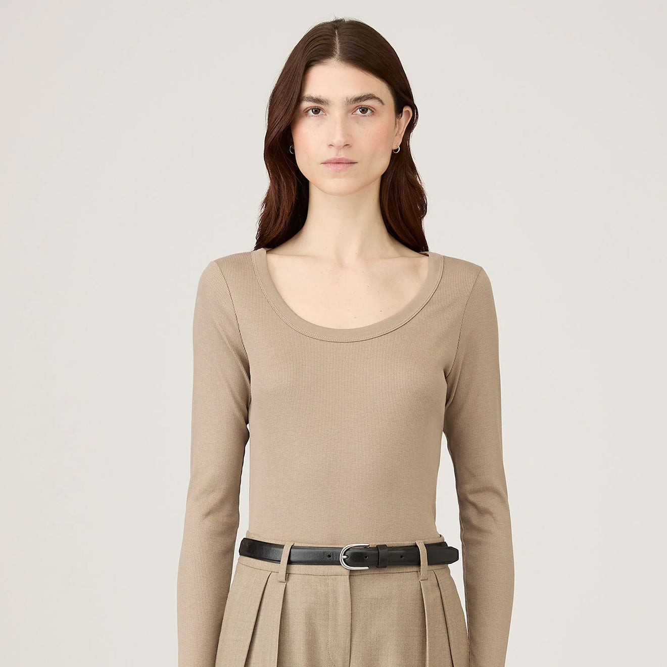 Sunspel Womens Rib L/S Scoop Neck Mink - pam pam 