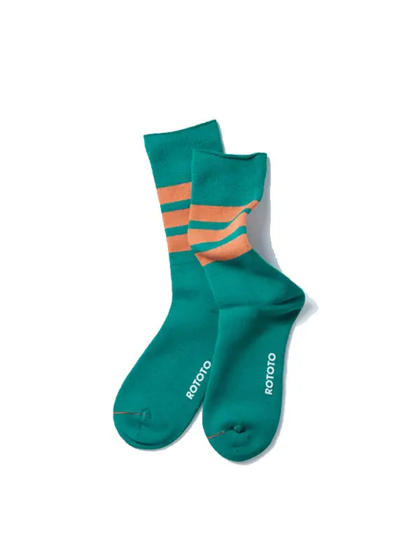 Rototo Fine Pile Striped Crew Socks Green / Dark Orange