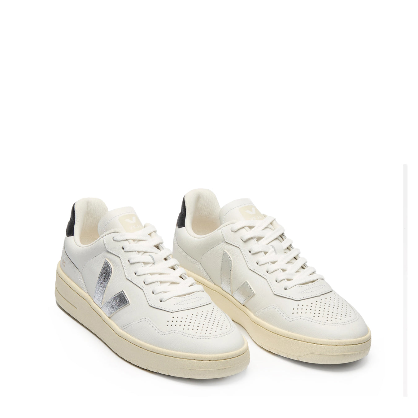 Veja Womens V-90 Leather White Silver Black - pam pam 