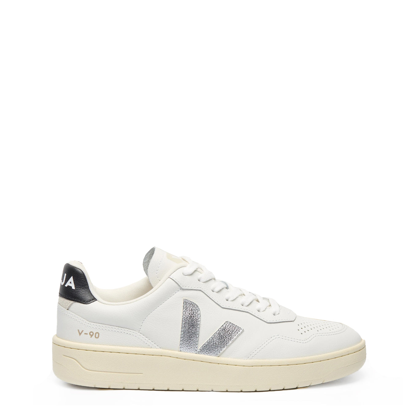 Veja Womens V-90 Leather White Silver Black - pam pam 
